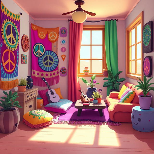 A vibrant 2D room designed for a hippie character in a one-on-one style, inspired by the playful aesthetics of the game IncredyBox