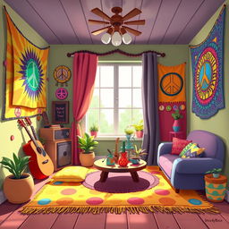 A vibrant 2D room designed for a hippie character in a one-on-one style, inspired by the playful aesthetics of the game IncredyBox