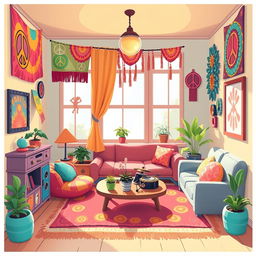 A vibrant 2D room designed for a hippie character in a one-on-one style, inspired by the playful aesthetics of the game IncredyBox