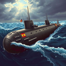 A detailed illustration of a Spanish submarine from World War II, showcasing its sleek design and unique features