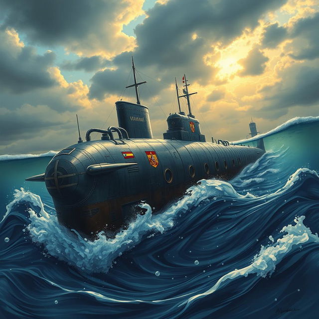 A detailed illustration of a Spanish submarine from World War II, showcasing its sleek design and unique features