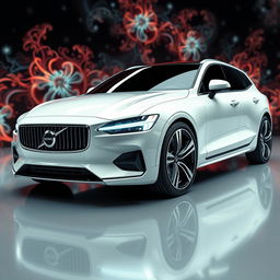 A stunning 3D render of a futuristic cream white pearl metallic Volvo 345 AMG, designed as a sleek 3-door hatchback
