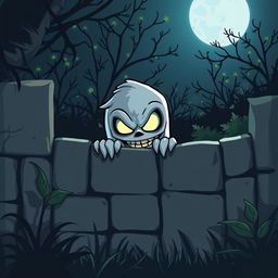 A spooky cartoon character lurking behind a garden wall, with an eerie expression and exaggerated features