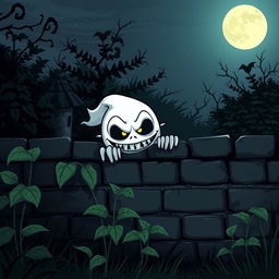 A spooky cartoon character lurking behind a garden wall, with an eerie expression and exaggerated features