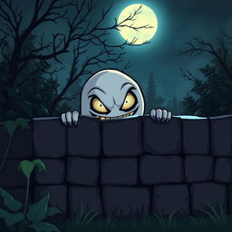 A spooky cartoon character lurking behind a garden wall, with an eerie expression and exaggerated features