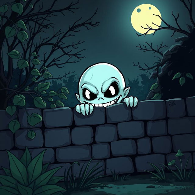 A spooky cartoon character lurking behind a garden wall, with an eerie expression and exaggerated features