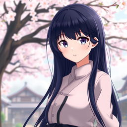 A stunning portrait of a beautiful anime character inspired by Hinata Hyuga, showcasing her long dark navy blue hair cascading elegantly over her shoulders, large pale lavender eyes filled with determination, and a gentle smile on her face