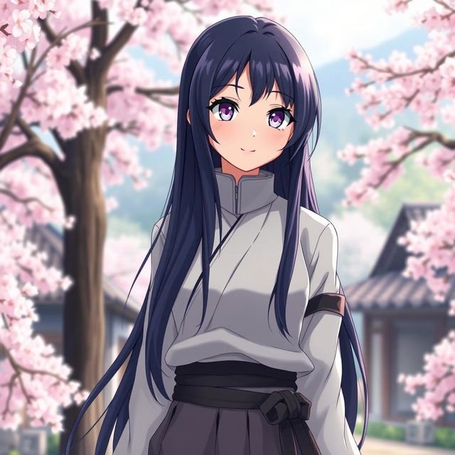 A stunning portrait of a beautiful anime character inspired by Hinata Hyuga, showcasing her long dark navy blue hair cascading elegantly over her shoulders, large pale lavender eyes filled with determination, and a gentle smile on her face