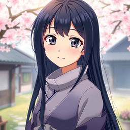 A stunning portrait of a beautiful anime character inspired by Hinata Hyuga, showcasing her long dark navy blue hair cascading elegantly over her shoulders, large pale lavender eyes filled with determination, and a gentle smile on her face