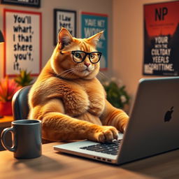 An orange bodybuilder cat seated at a desk, intensely focused on working on a laptop