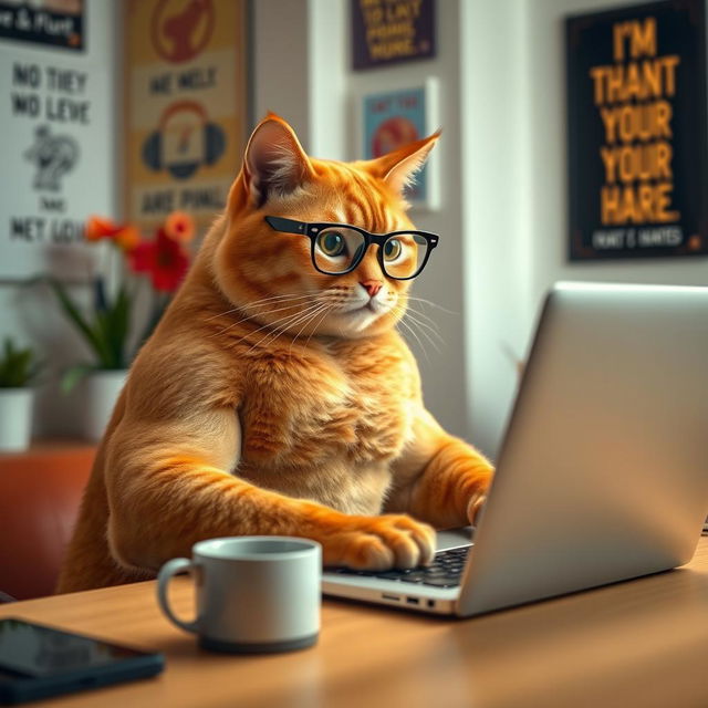 An orange bodybuilder cat seated at a desk, intensely focused on working on a laptop