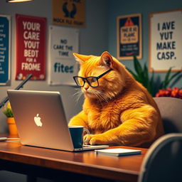 An orange bodybuilder cat seated at a desk, intensely focused on working on a laptop