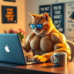 An orange bodybuilder cat seated at a desk, intensely focused on working on a laptop
