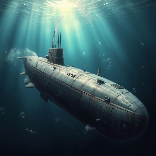 A detailed and realistic depiction of a World War II submarine, showcasing its rugged exterior with visible weathering and battle scars, set against a dramatic underwater backdrop