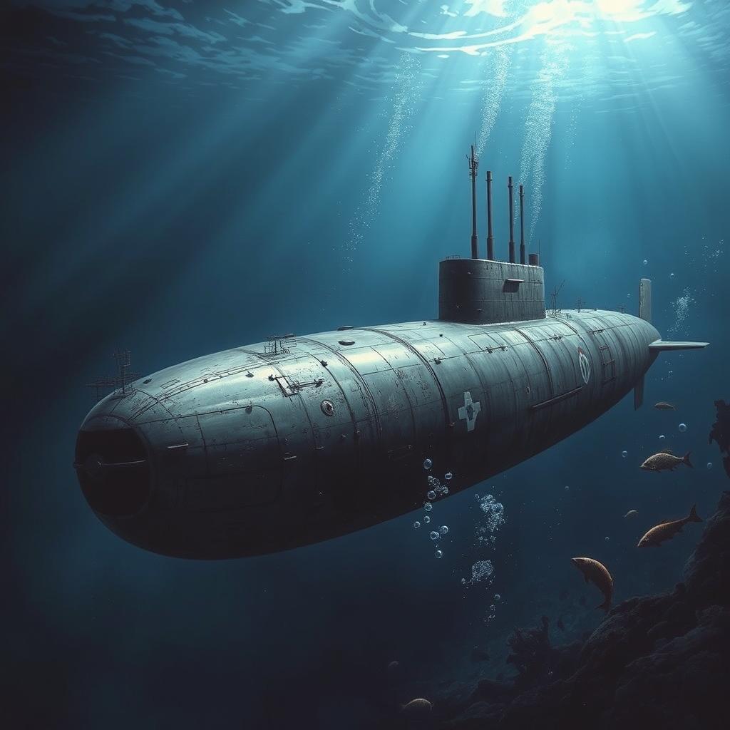 A detailed and realistic depiction of a World War II submarine, showcasing its rugged exterior with visible weathering and battle scars, set against a dramatic underwater backdrop