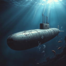 A detailed and realistic depiction of a World War II submarine, showcasing its rugged exterior with visible weathering and battle scars, set against a dramatic underwater backdrop