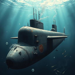 A detailed and realistic depiction of a World War II submarine, showcasing its rugged exterior with visible weathering and battle scars, set against a dramatic underwater backdrop
