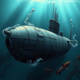 A detailed and realistic depiction of a World War II submarine, showcasing its rugged exterior with visible weathering and battle scars, set against a dramatic underwater backdrop