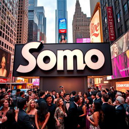 A large urban logo featuring the word "Somo" prominently displayed in a stylish and modern font, situated in a bustling New York City landscape