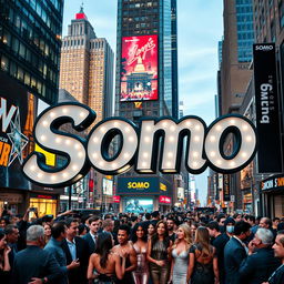 A large urban logo featuring the word "Somo" prominently displayed in a stylish and modern font, situated in a bustling New York City landscape