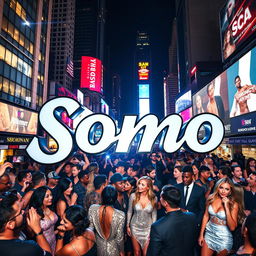 A large urban logo featuring the word "Somo" prominently displayed in a stylish and modern font, situated in a bustling New York City landscape