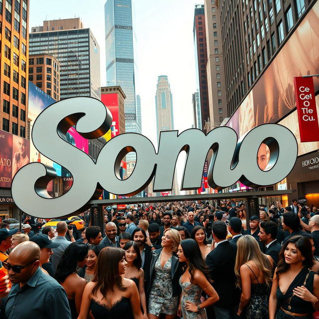 A large urban logo featuring the word "Somo" prominently displayed in a stylish and modern font, situated in a bustling New York City landscape