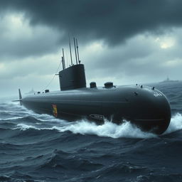 A World War II era Spanish submarine, large and intimidating, depicted in a dramatic oceanic scene
