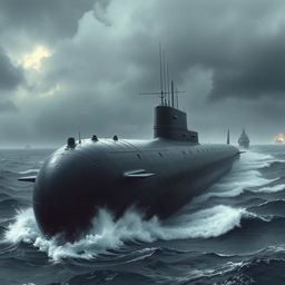 A World War II era Spanish submarine, large and intimidating, depicted in a dramatic oceanic scene