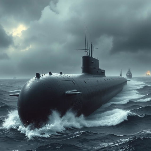 A World War II era Spanish submarine, large and intimidating, depicted in a dramatic oceanic scene