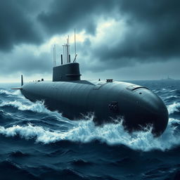 A World War II era Spanish submarine, large and intimidating, depicted in a dramatic oceanic scene