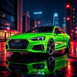 A sleek 2018 Audi A5 sports car painted in a vibrant neon green toxic color, showcasing its aggressive lines and aerodynamic design