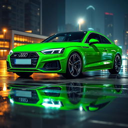 A sleek 2018 Audi A5 sports car painted in a vibrant neon green toxic color, showcasing its aggressive lines and aerodynamic design