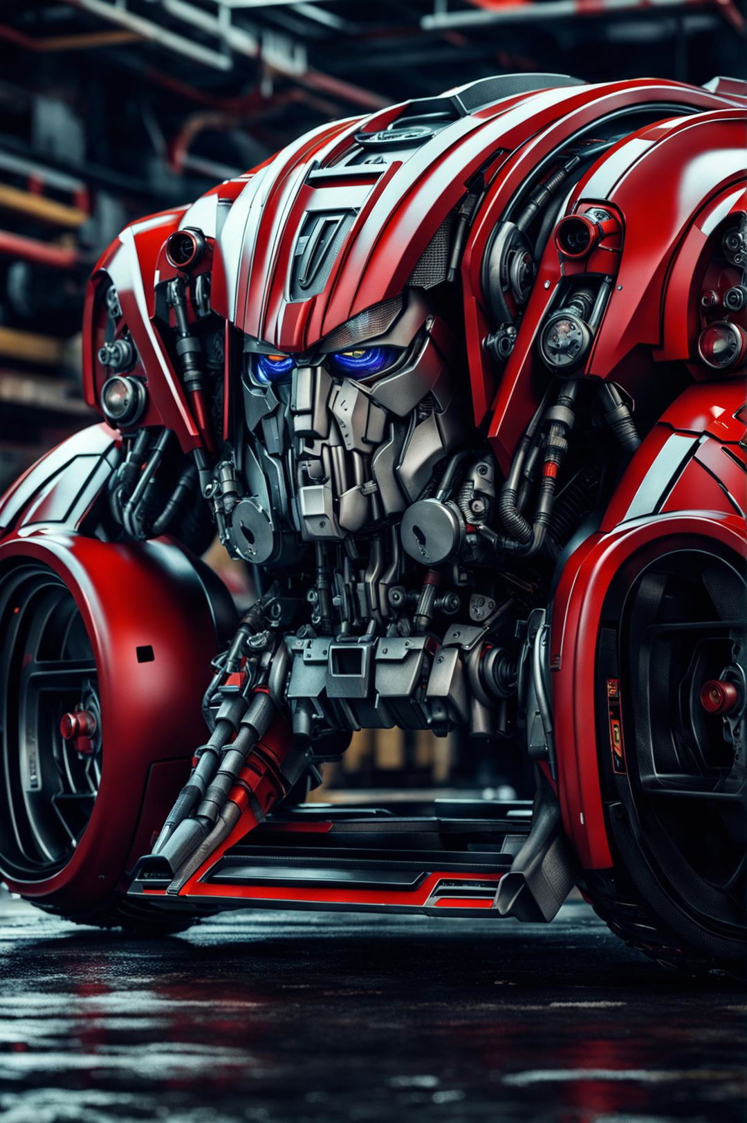 An impressive CGI photograph displays a red Lamborghini, ingeniously transformed into a mecha transformer