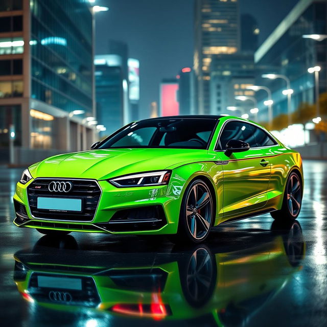 A sleek 2018 Audi A5 sports car painted in a vibrant neon green toxic color, showcasing its aggressive lines and aerodynamic design