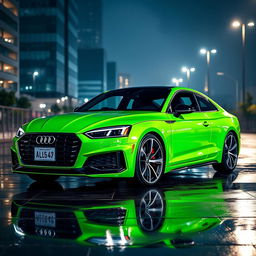 A sleek 2018 Audi A5 sports car painted in a vibrant neon green toxic color, showcasing its aggressive lines and aerodynamic design
