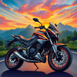 A detailed illustration of a powerful Bengke motorcycle parked on a scenic road