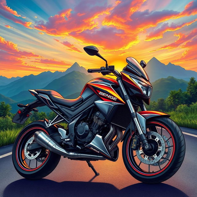 A detailed illustration of a powerful Bengke motorcycle parked on a scenic road