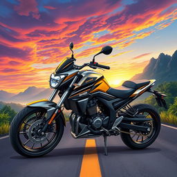 A detailed illustration of a powerful Bengke motorcycle parked on a scenic road