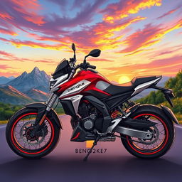 A detailed illustration of a powerful Bengke motorcycle parked on a scenic road