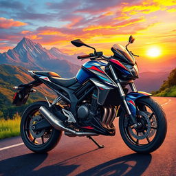 A detailed illustration of a powerful Bengke motorcycle parked on a scenic road