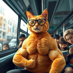 An orange muscular cat wearing stylish glasses, seated confidently on a city bus surrounded by diverse passengers