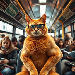 An orange muscular cat wearing stylish glasses, seated confidently on a city bus surrounded by diverse passengers