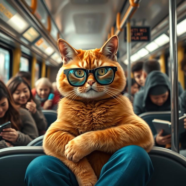 An orange muscular cat wearing stylish glasses, seated confidently on a city bus surrounded by diverse passengers