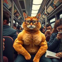 An orange muscular cat wearing stylish glasses, seated confidently on a city bus surrounded by diverse passengers