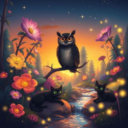 A surreal illustration featuring a mystical forest with vibrant, oversized flowers and glowing plants
