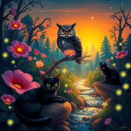 A surreal illustration featuring a mystical forest with vibrant, oversized flowers and glowing plants