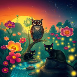 A surreal illustration featuring a mystical forest with vibrant, oversized flowers and glowing plants