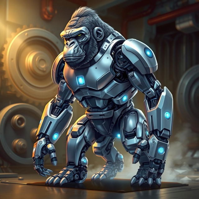 A highly detailed illustration of a futuristic mechanical gorilla, showcasing advanced robotic components and chrome plating