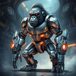 A highly detailed illustration of a futuristic mechanical gorilla, showcasing advanced robotic components and chrome plating