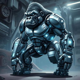 A highly detailed illustration of a futuristic mechanical gorilla, showcasing advanced robotic components and chrome plating